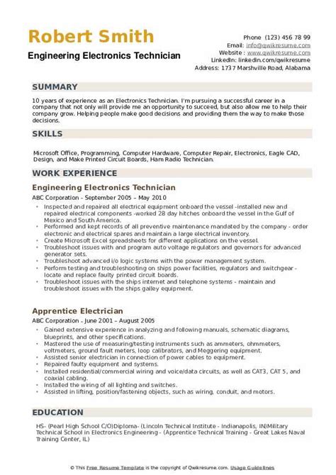 Electronics Technician Resume Samples | QwikResume