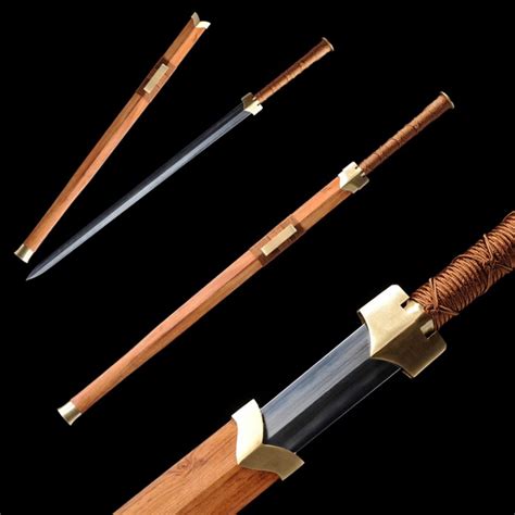 Folded Steel Chinese Han Jian Sword Clay Tempered Blade Hualee Wood Scabbard Hand Forged for sale