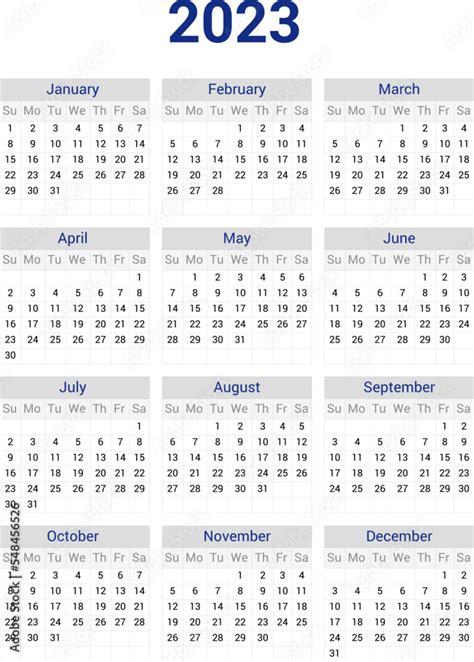 Calendar 2023 vector template layout vector image. 2023 Yearly English ...