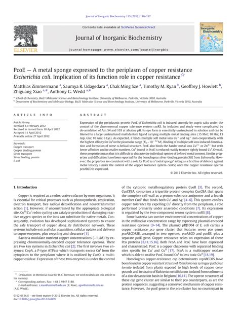 (PDF) PcoE - A metal sponge expressed to the periplasm of copper resistance Escherichia coli ...