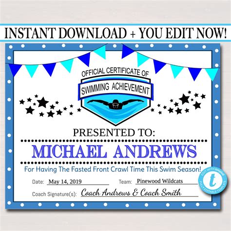 EDITABLE Swim Team Award Certificates INSTANT DOWNLOAD | Etsy