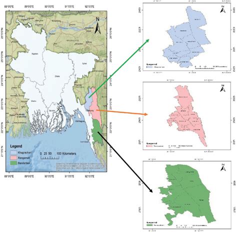 Location map the CHT region, Bangladesh, showing the three hill ...