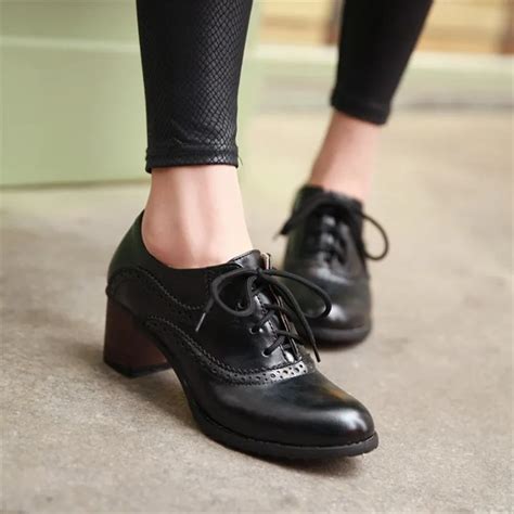 PXELENA Retro British Wing Tip Chunky Block High Heels Oxfords Women ...