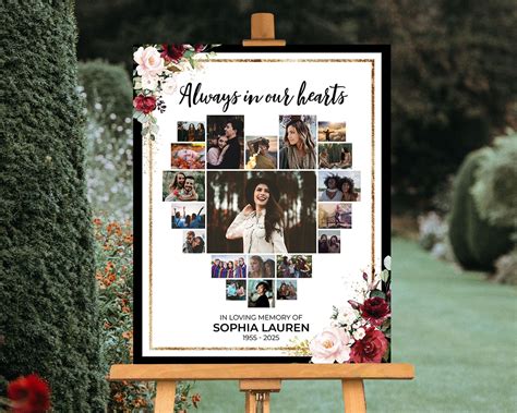 Memorial Poster Heart Collage, Funeral Flowers Welcome Sign, Always in Our Hearts, Celebration ...