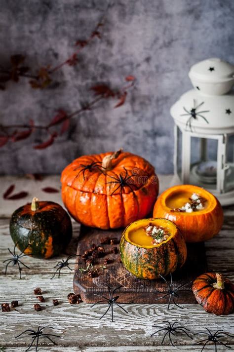 Halloween Cream Soup in Hollowed Pumpkins Stock Photo - Image of fall, lunch: 102458018