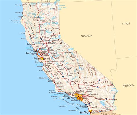 Large road map of California sate with relief and cities | California ...