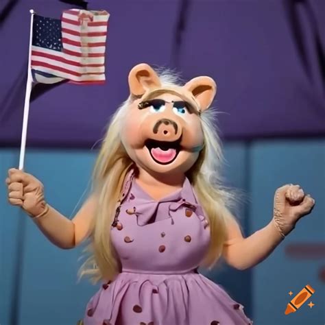 Miss piggy holding a dunkin' donuts flag in front of a blue tent