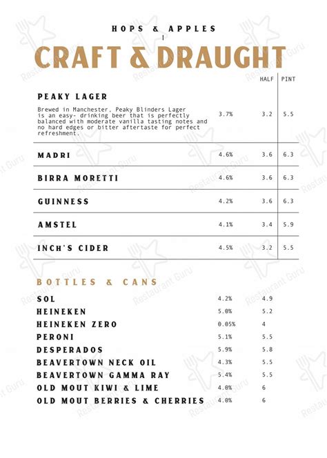 Menu at Peaky Blinders Manchester pub & bar, Manchester