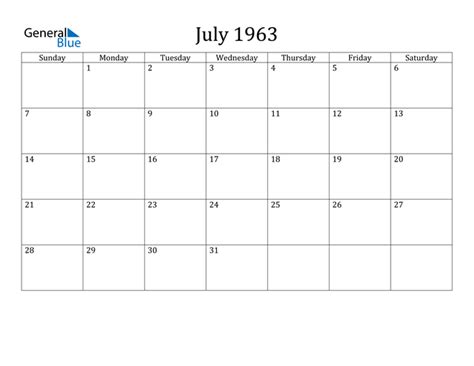 July 1963 Calendar (PDF Word Excel)