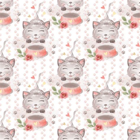 Playful Cat with Paw Prints Fabric - White – ineedfabric.com