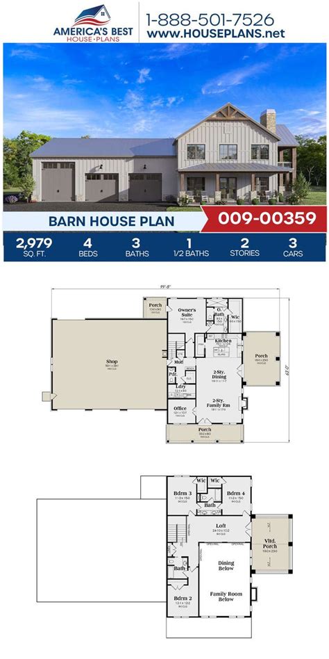 House Plan 009-00359 - Barn Plan: 2,979 Square Feet, 4 Bedrooms, 3.5 Bathrooms in 2023 | Barn ...