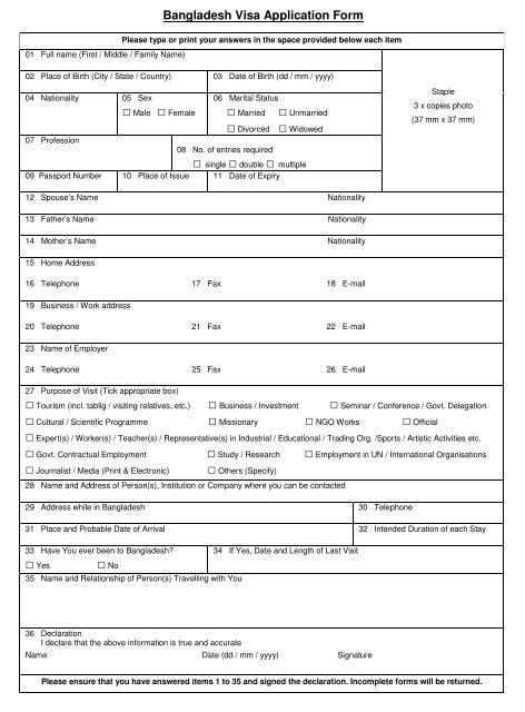 Bangla Visa Form - Bangladesh Embassy, UAE