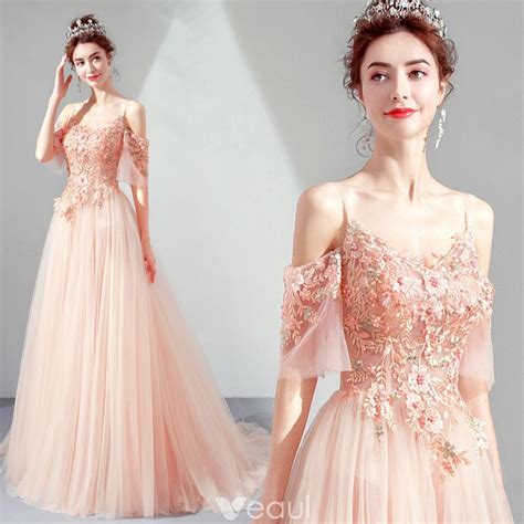 Elegant Pearl Pink Evening Dresses 2019 A-Line / Princess Spaghetti ...