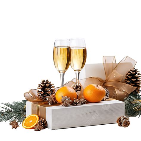 Christmas Composition On A Wooden Desk With Gift Box, Tangerines, Pine Cones And Two Empy ...