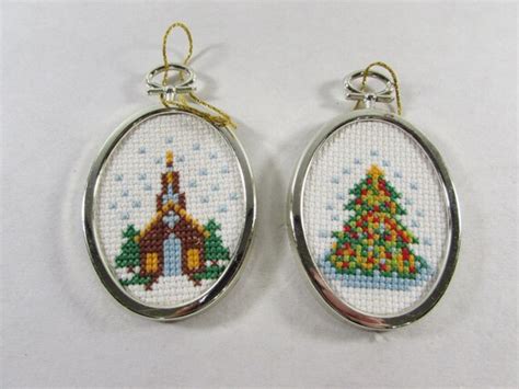 Framed Cross Stitch Christmas Ornaments Tree Church