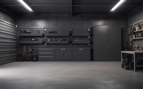 Premium AI Image | A garage with a black wall that has a lot of storage ...