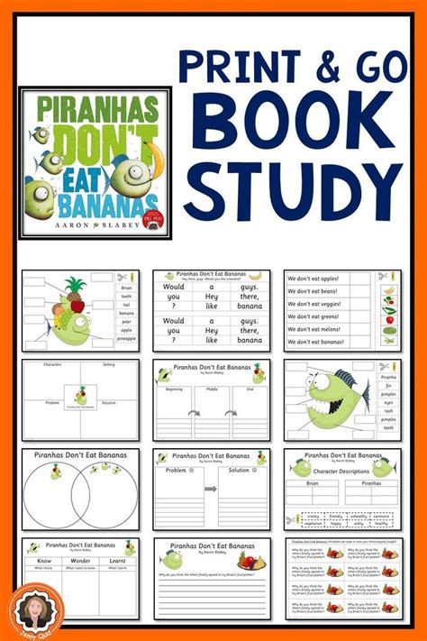 35+ pages of Print and Go Literacy Activities for Piranhas Don't eat Bananas by Aaron Blabey ...