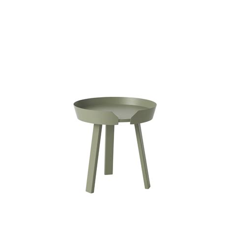 a grey table with a wooden legs and an oval shaped tray on the top, in front of a white background