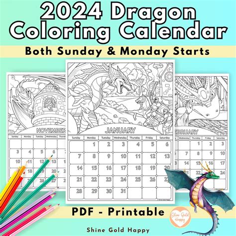 2024 Dragons Coloring Calendar, Printable Calendar 2024, PDF Digital Download - Etsy