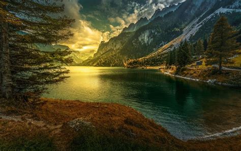 Download wallpapers Gosau Lake, Spring, evening, mountain lake, sunset ...