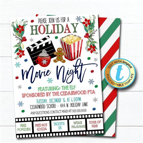 Christmas Movie Night Invitation, Kids Holiday Invite School Church Pto Pta Event, Winter Party ...