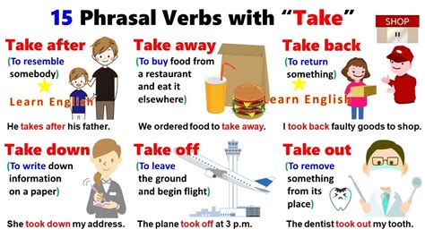 15 Phrasal Verbs with TAKE: Take after, Take away, Take back, Take down, Take off, Take out ...