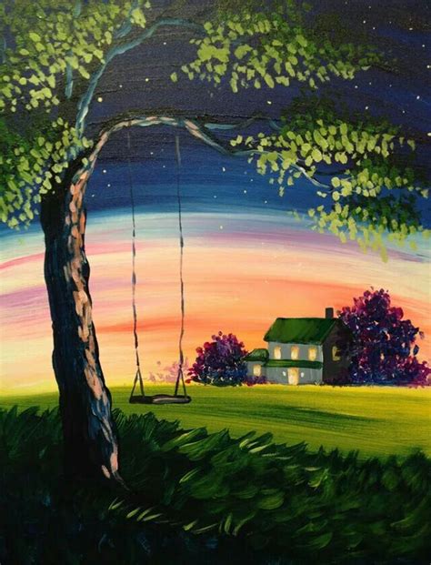 Summer Nights painting idea. Cute tree swing with country farmhouse in the background. Tree ...