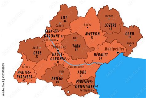 Administrative map of Occitanie region in France with departements ...