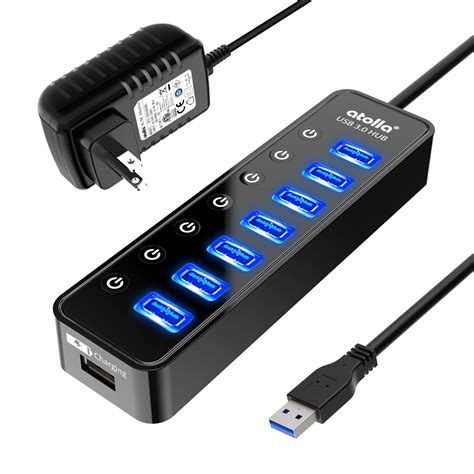 Powered USB Hub 7 Port USB Data Hub with One Smart Charging Port USB ...