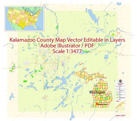 Kalamazoo County PDF Map Michigan US Extra detailed County Plan ...