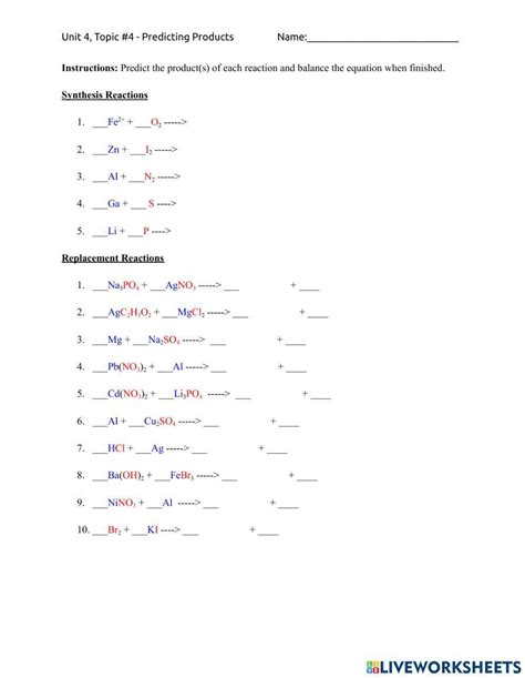 Predicting Products of Synthesis and Replacement Reactions ... - Worksheets Library