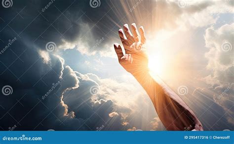 A Man S Hand Reaches for the Light in the Clouds Stock Photo - Image of ...