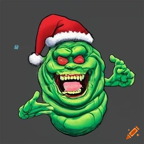 Festive t-shirt design of slimer in santa hat with holiday decor on Craiyon