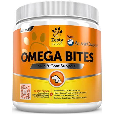 Zesty Paws Omega Bites Skin & Coat Support Chews with Omega 3, 6, & 9 for Dogs, 90 Soft Chews ...