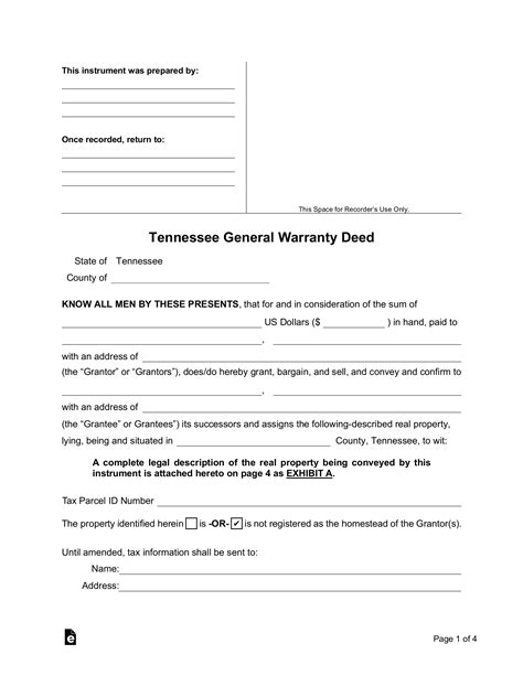 Free Tennessee General Warranty Deed Form - PDF | Word – eForms