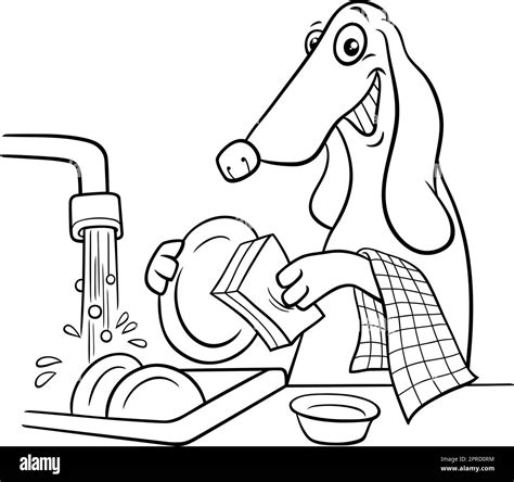 cartoon dog character washing dishes coloring page Stock Vector Image & Art - Alamy