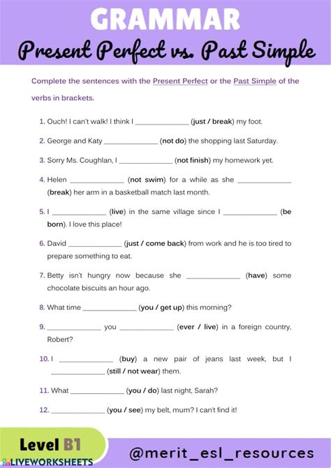 Present Perfect vs. Past Simple worksheet | Present perfect, Simple past tense, Learn english