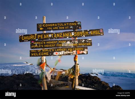 Sign at the summit of Mount Kilimanjaro, Uhuru Peak, Tanzania May 2008 ...