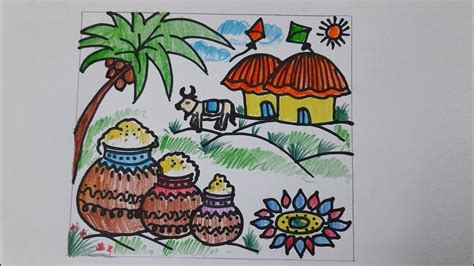 Pongal drawing easy | How to draw Pongal picture | Makar Sankranti drawing - YouTube