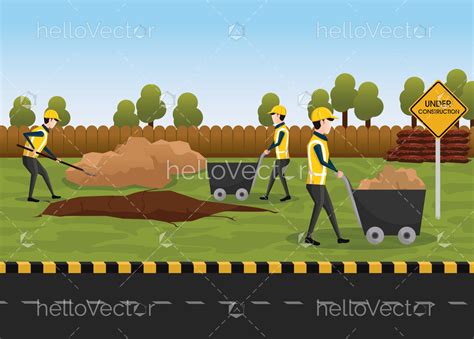 Road Construction Vector - The process of building a new road. Group of workers are repairing ...