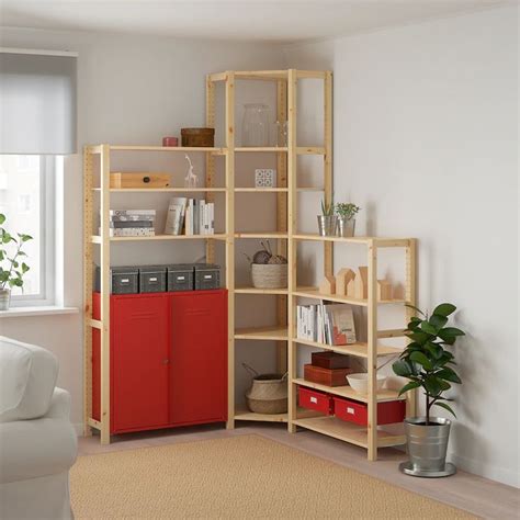 IVAR Corner shelf unit w cabinet/drawers - pine, red - IKEA | Corner shelves, Corner shelf unit ...