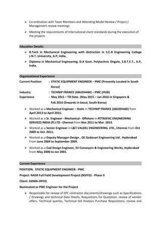 CV for Static & Package Equipment Engineer (PMC) - V.M.Rao. | PDF