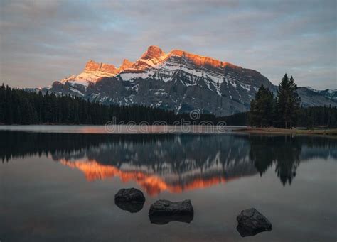 Beautiful Sunset or Sunrise Over Two Jack Lake , Banff National Park, Alberta, Canada. Vermilion ...