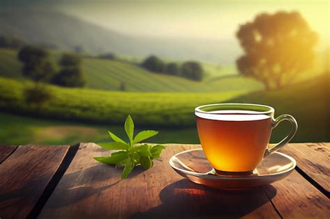 Premium Photo | Tea cup on wooden table in front of tea plantation in the morning Generative AI