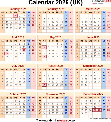 Calendar 2025 UK with bank holidays & Excel/PDF/Word templates