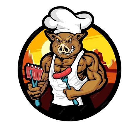 Premium Vector | A cartoon pig chef mascot illustration cooking bbq meat logo design vector ...