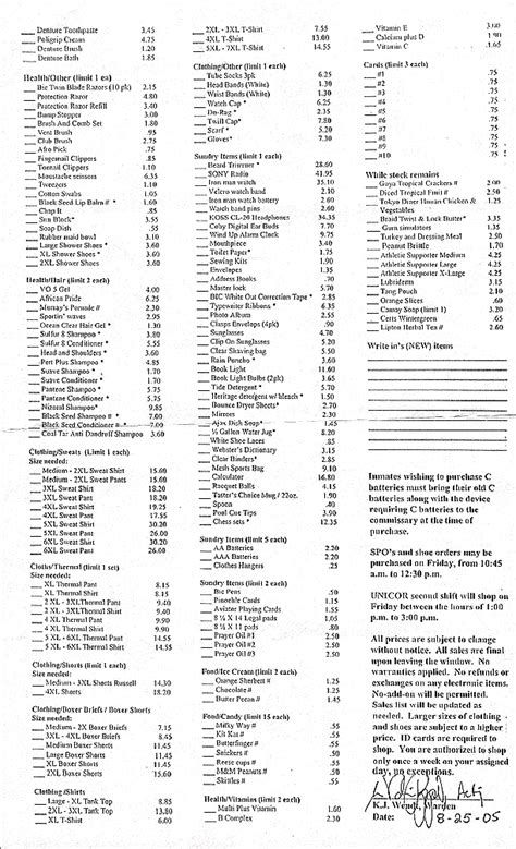 keefe commissary price list