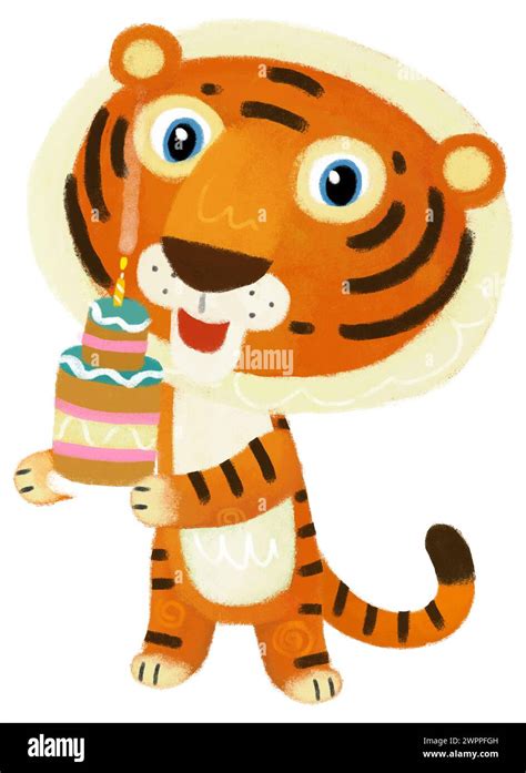 cartoon scene with happy little boy tiger cat having fun cooking or eating birthday cake on ...
