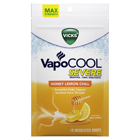 Vicks VapoCOOL SEVERE Medicated Lozenges, Honey Lemon Chill, 18 Drops – Soothe Sore Throat Pain ...