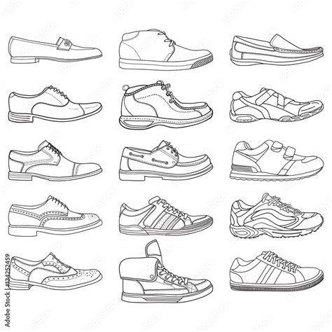 Set with different types of men's outline shoes in vector. Doodle ...